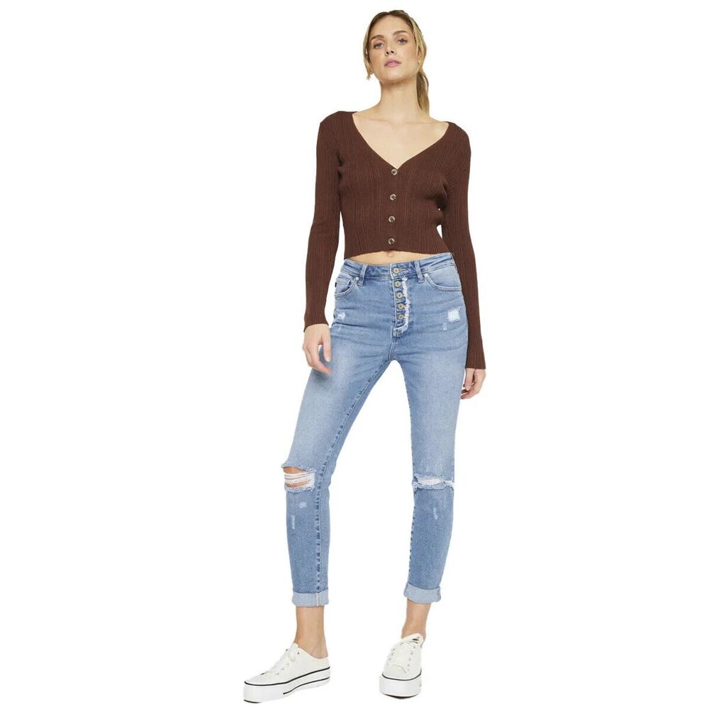 KanCan High Rise Mom Jeans Distressed Button Fly Blue Denim Plus Size 3XL - Picture 1 of 8